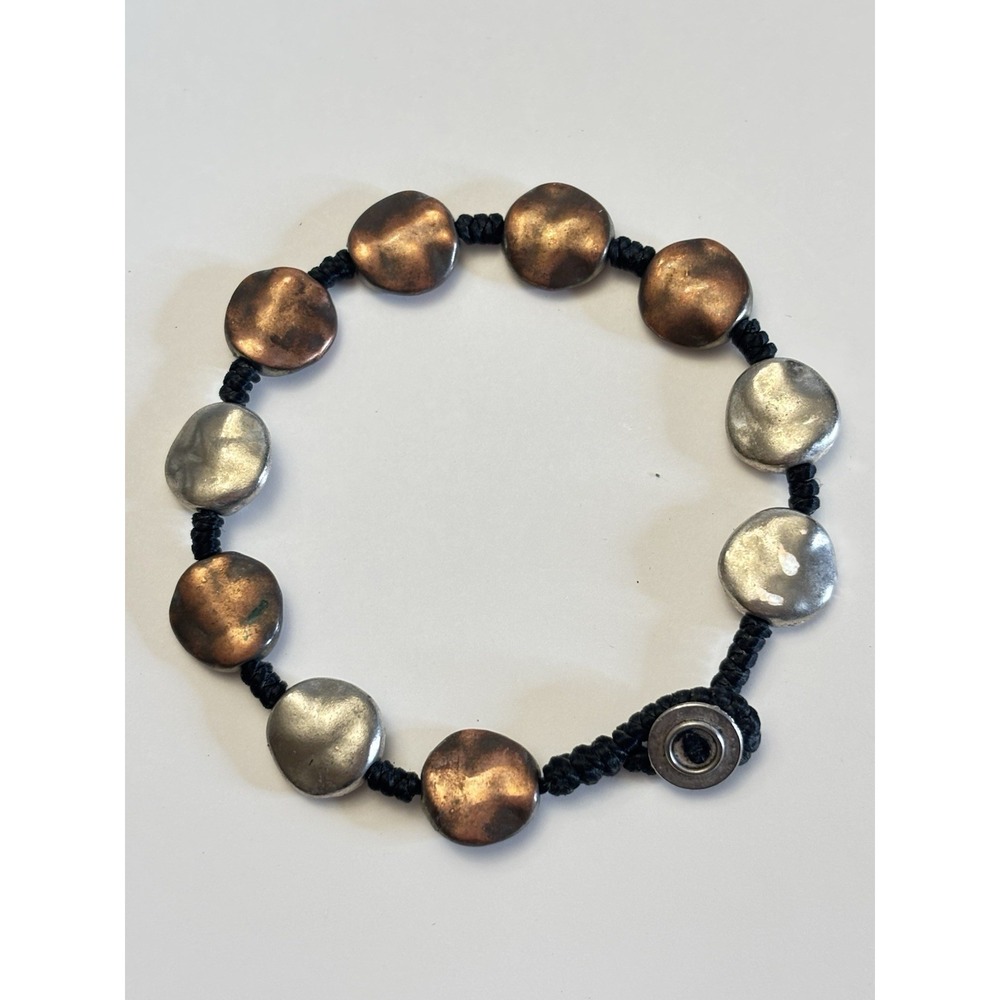 Mixed Metal Pebble Bead Bracelet Copper Silver Tone Black Cord Button Closure